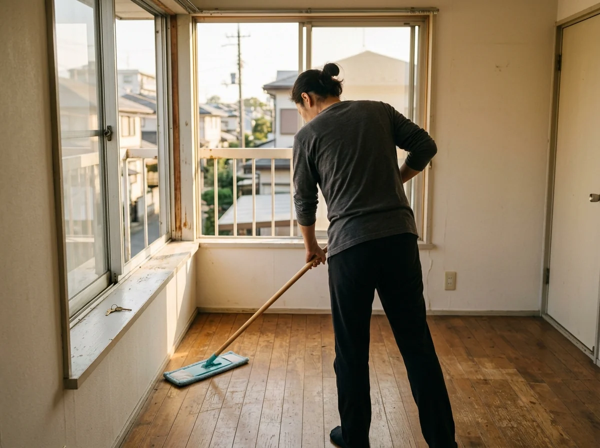 家具のない明るい部屋で、平らなモップで床を拭く人の後ろ姿と、窓辺に置かれた鍵