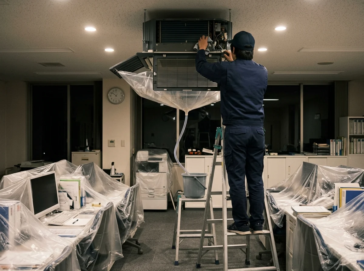 営業時間外の事務所で、天吊り形エアコンの前面を開け、下に透明な排水カバーとバケツを付け、机をビニールで覆っている様子