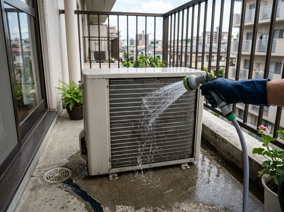 ベランダに置かれたエアコン室外機の背面フィンを、ホースの水で洗っている様子