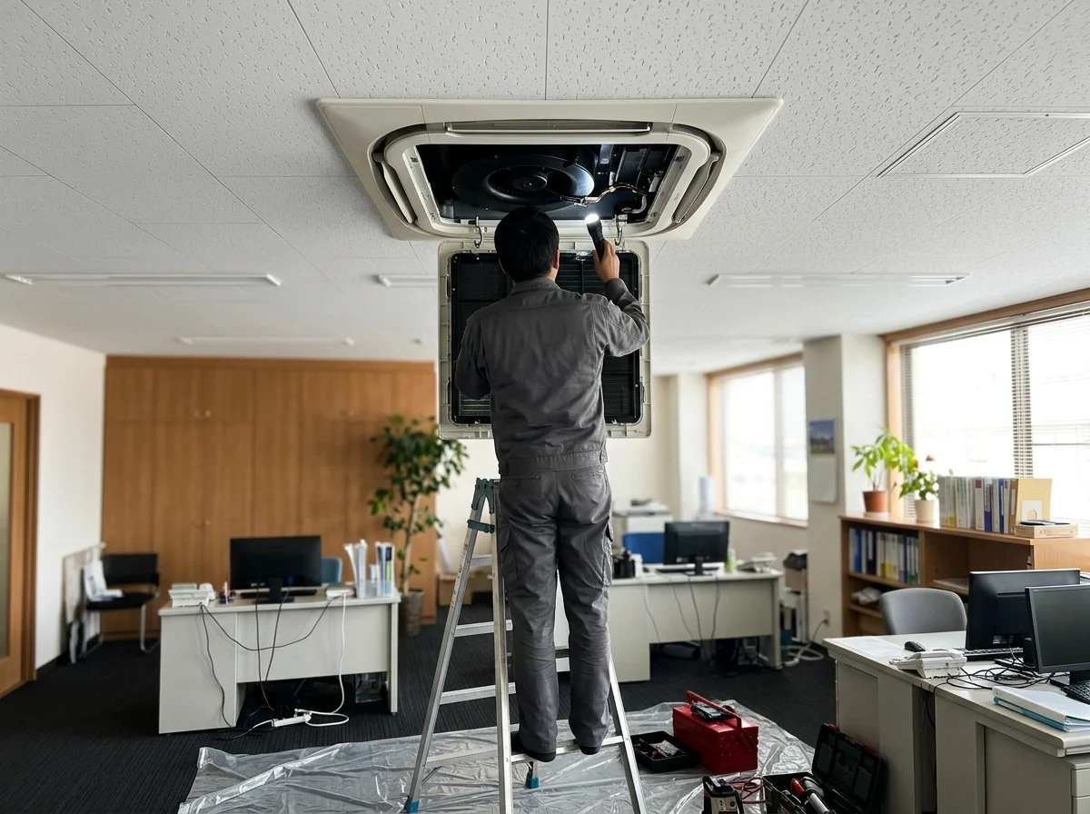 店舗の天井に埋め込まれたエアコンのパネルを外し、脚立の上から点検している様子
